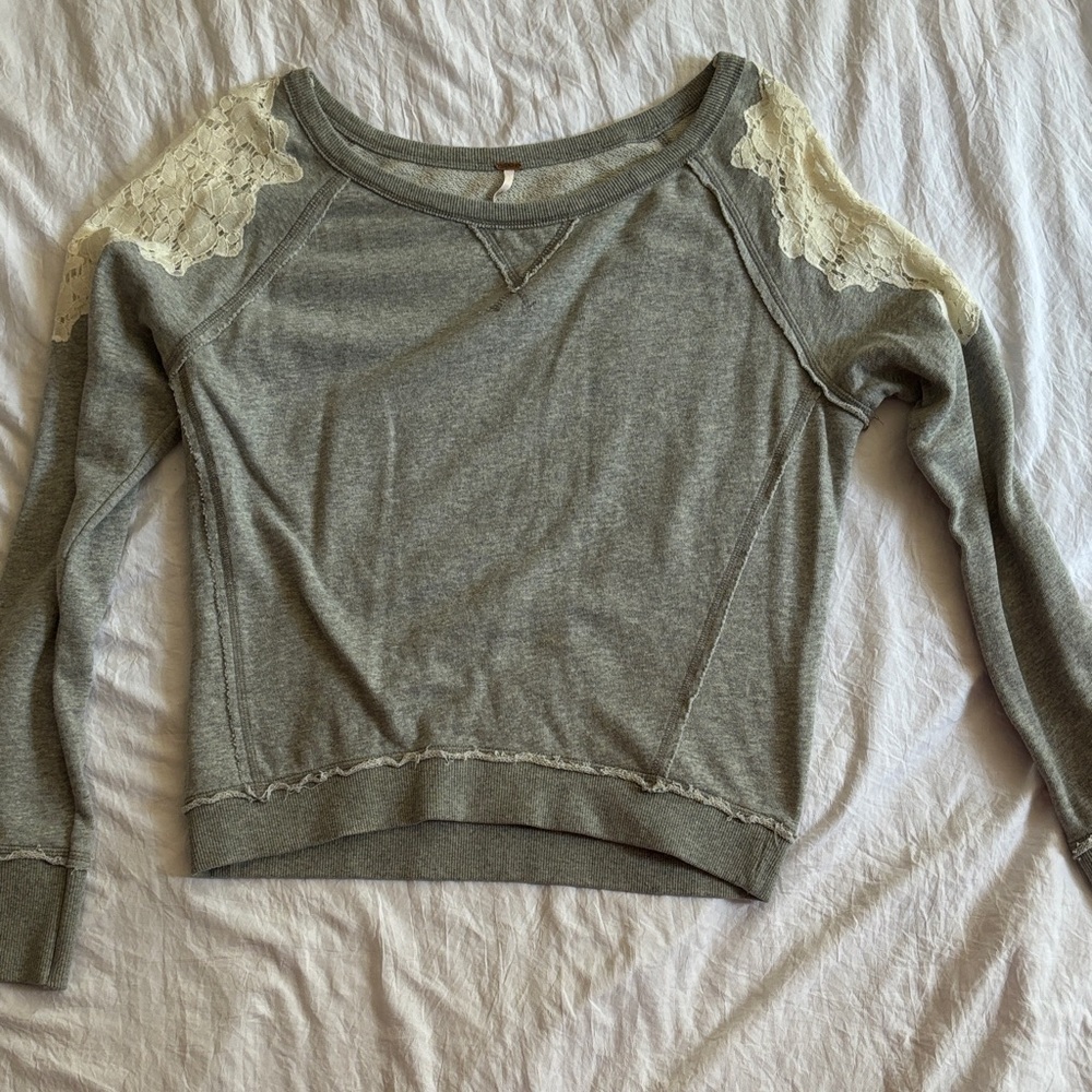Free People Gray Cotton Top with Lace Detail - Picture 1 of 4